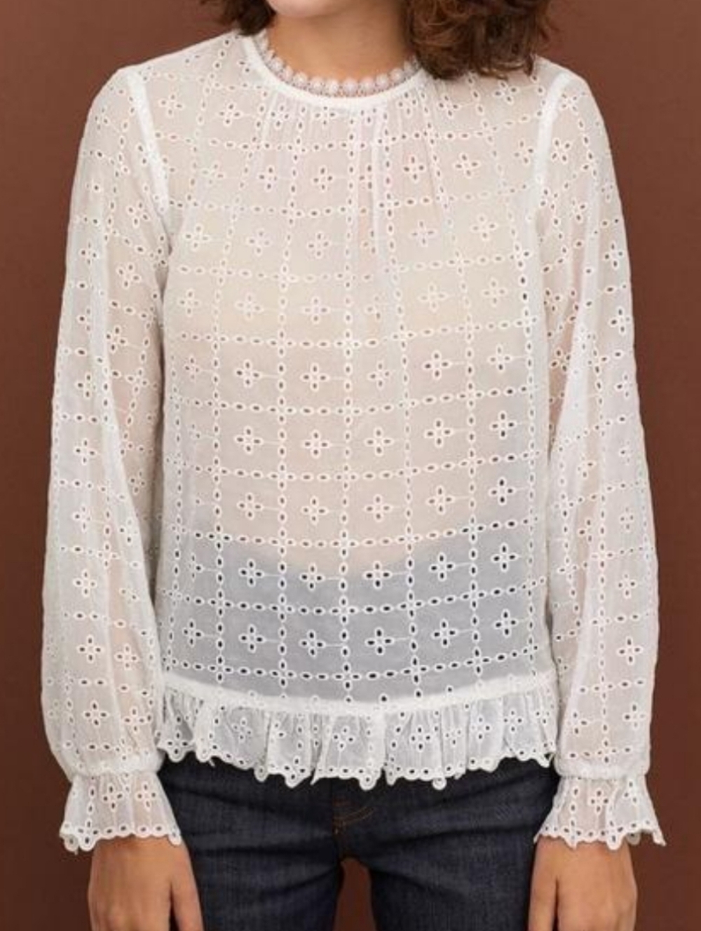 H&M White Eyelet Lace Long-Sleeve Top